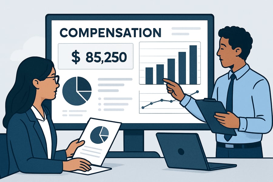 HR professionals analyzing compensation data on a digital dashboard